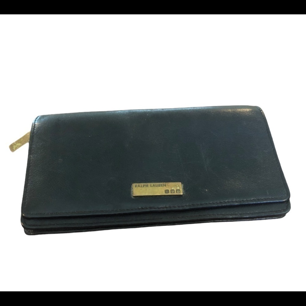 VTG Ralph Lauren Black Leather Wallet Brass Retro Collectible Zipper Logo